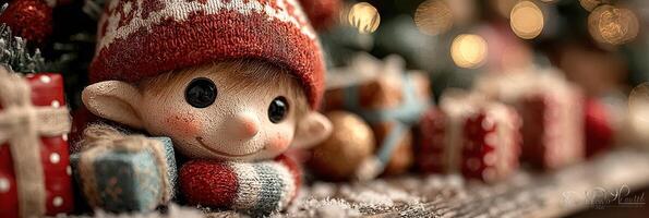 Festive elf with cute expression surrounded by colorful gifts during winter holiday season photo