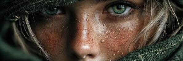 Close-up of a young person with piercing blue eyes and water droplets on their face captured in a natural setting during the afternoon photo