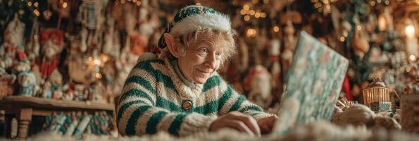 Holiday elf working diligently at a laptop in a festive workshop filled with decorations and ornaments photo