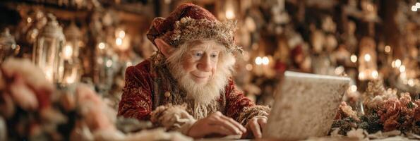 Cheerful elf using laptop in a cozy workshop filled with holiday decorations and warm lighting photo