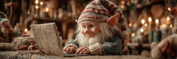 Cheerful elf using a laptop in a cozy holiday workshop surrounded by festive decorations and warm light photo