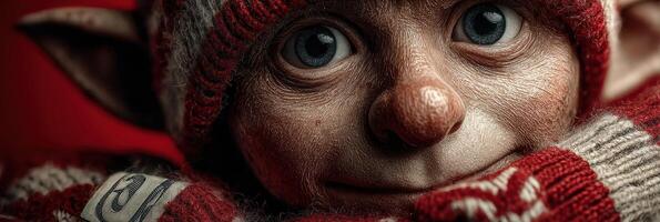 Charming small creature with large expressive eyes wearing a red knitted hat and cozy mittens in a warm, festive setting photo
