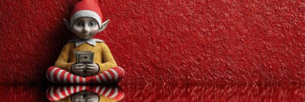 Festive elf with money on reflective surface in front of red textured wall during holiday season photo