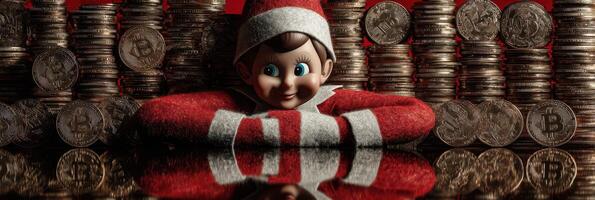 Elf doll surrounded by stacks of coins on reflective surface during festive season photo