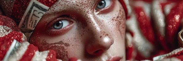 Close-up of a model with glittery makeup and red accents featuring currency details against a glamorous backdrop photo