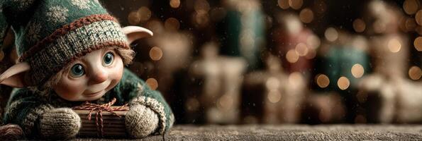 Cheerful elf with large eyes holding a gift in a cozy space decorated for the holidays photo
