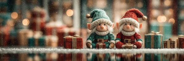 Two festive elves with Christmas presents in a winter wonderland setting decorated with lights photo
