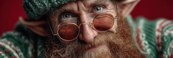 Elderly elf with glasses and red beard showing a wise expression in a festive setting during winter photo