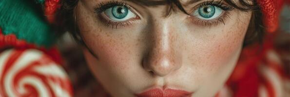 Close-up of a model with striking blue eyes and playful makeup showcasing vibrant fashion during a creative photoshoot photo