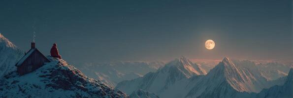Man sitting on mountain peak gazes at full moon illuminating snow-capped mountains at night photo