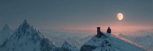 Snow-covered mountains are illuminated by a large moon as a person sits peacefully on a rooftop at twilight photo