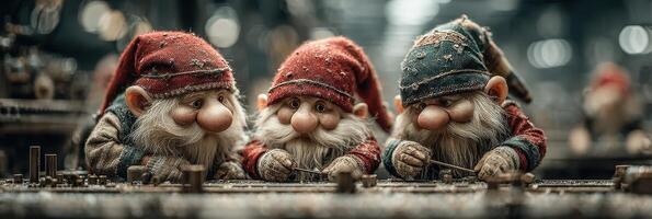 Join three cheerful gnomes in a workshop crafting toys during a winter evening with warm lights and a magical atmosphere photo