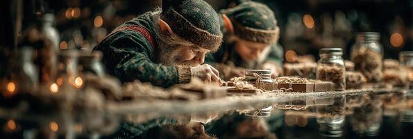 Craftsmen working diligently in a festive workshop preparing toys during the holiday season in a cozy atmosphere photo