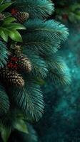 Pine branches with cones and red berries create a vibrant natural display in lush green hues during a tranquil outdoor setting photo