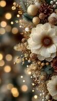 Elegant floral arrangement with golden accents and soft bokeh background for festive occasions photo