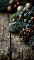 Festive arrangement of pine branches, cones, and decorations on a rustic wooden surface during the holiday season photo