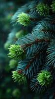 Evergreen tree branches with new growth during spring, showcasing vibrant green buds in a natural setting photo