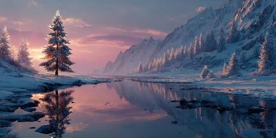 Winter landscape with snow-covered mountains and a serene river at sunset near a solitary pine tree photo