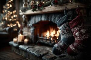 Cozy fireplace with festive stockings and warm glow during winter holiday season celebration photo