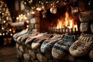 Cozy Christmas scene featuring handmade stockings by a warm fireplace with a festive atmosphere in a rustic living room photo