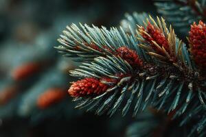 Close-up view of pine tree branches adorned with fresh cones amidst droplets of water in a serene forest setting photo