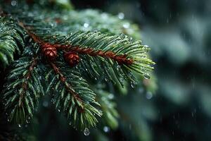 Pine branch with droplets glistening after rain in a tranquil forest setting photo