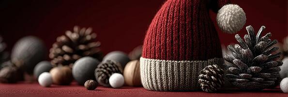 Festive arrangement featuring a knit Santa hat surrounded by decorative pine cones and ornaments photo