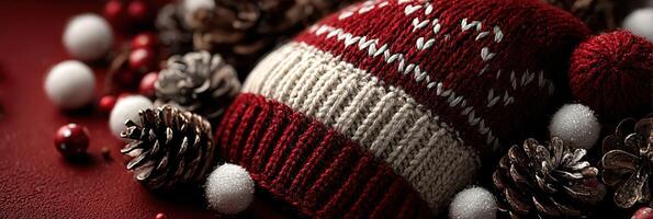 Festive winter hat surrounded by pine cones and decorative baubles on a red background photo