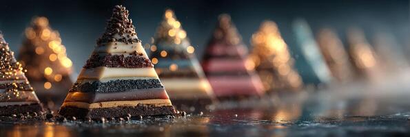Tempting chocolate pyramids arranged beautifully with shimmering lights and textures in a dessert showcase photo
