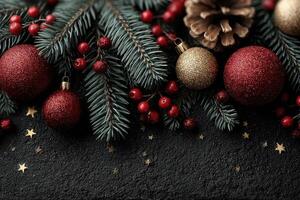 Christmas decorations featuring red and gold ornaments on evergreen branches arranged for festive celebration photo