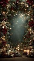 Decorative Christmas frame featuring pinecones, lights, and festive flowers in a warm setting during the holiday season photo