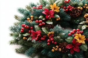 Holiday wreath adorned with red flowers, pinecones, and berries showcases winter cheer photo
