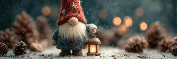 Winter gnome holding lantern stands among snow-covered pine cones at twilight with a warm glow photo