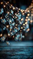 Delicate blue flowers with twinkling lights create a dreamy atmosphere at a night gathering photo