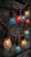 String lights illuminate wooden backdrop in cozy outdoor setting during evening gathering photo