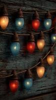 Colorful string lights illuminate rustic wooden wall during festive evening gathering photo