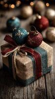 Colorful holiday gift wrapped in burlap with glitter ornaments on a rustic wooden table during festive season photo