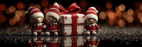 Holiday elves gather around a beautifully wrapped gift on a reflective surface with warm bokeh lights in the background photo