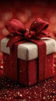 Beautifully wrapped red gift box with a bow surrounded by sparkling decorations during the holiday season photo