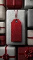 Glistening wrapped gifts with a red tag ready for holiday celebration and gifting joy photo