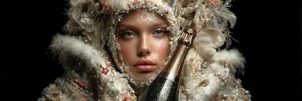 Model showcases a unique fashion design with champagne in a glamorous winter setting during a nighttime event photo