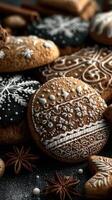 Elaborate gingerbread cookies decorated with intricate icing patterns on a festive surface photo