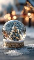 Decorative snow globe featuring a Christmas tree with warm lights in a winter setting during holiday season photo