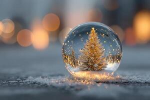Magical snow globe showing a festive Christmas tree illuminated at night photo