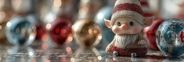 Charming elf figurine surrounded by colorful ornaments creates a festive atmosphere during holiday season photo