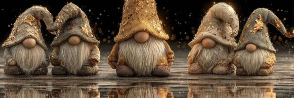 Charming gnomes with glittering hats gather at twilight by a shimmering pond in a whimsical landscape photo