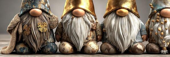Charming decorative gnomes with unique designs and vibrant colors displayed on a wooden surface photo