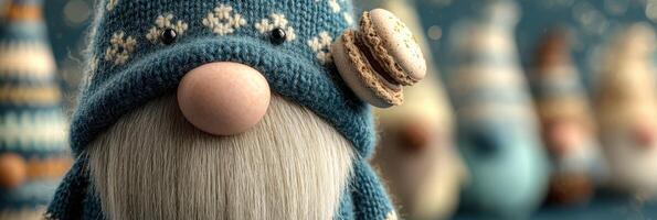 Cozy winter gnome figure wearing a knitted hat with a macaroon in a festive setting photo