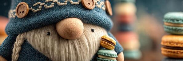 Whimsical figure enjoying colorful macarons in a cozy setting during a celebration photo