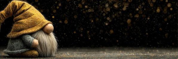 Whimsical gnome sitting quietly against a dark backdrop with shimmering golden lights during a festive winter evening photo